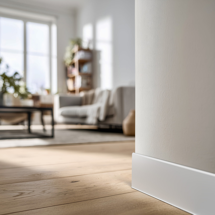 Self-adhesive PVC skirting board, smooth, 100mm, 10m, white